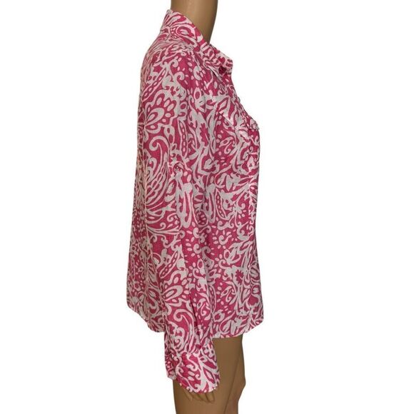 Charter Club Button Up Shirt 100% Linen Pink Floral Geometric roll tab sleeve 8 - Picture 2 of 7